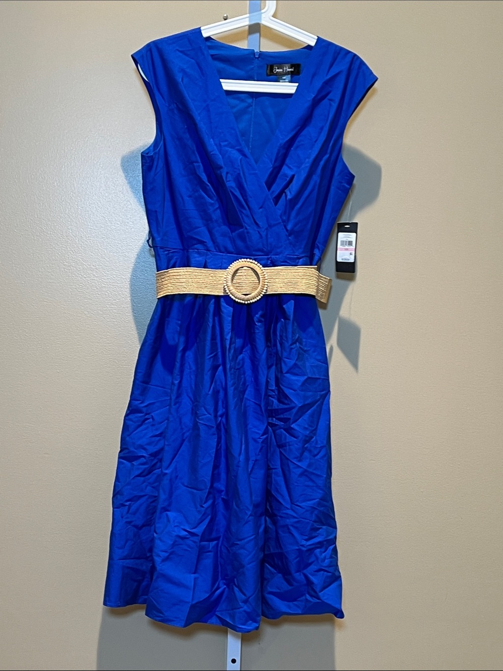 Jessica Howard Cobalt Blue V-Neck Midi Dress with Woven Tan Belt